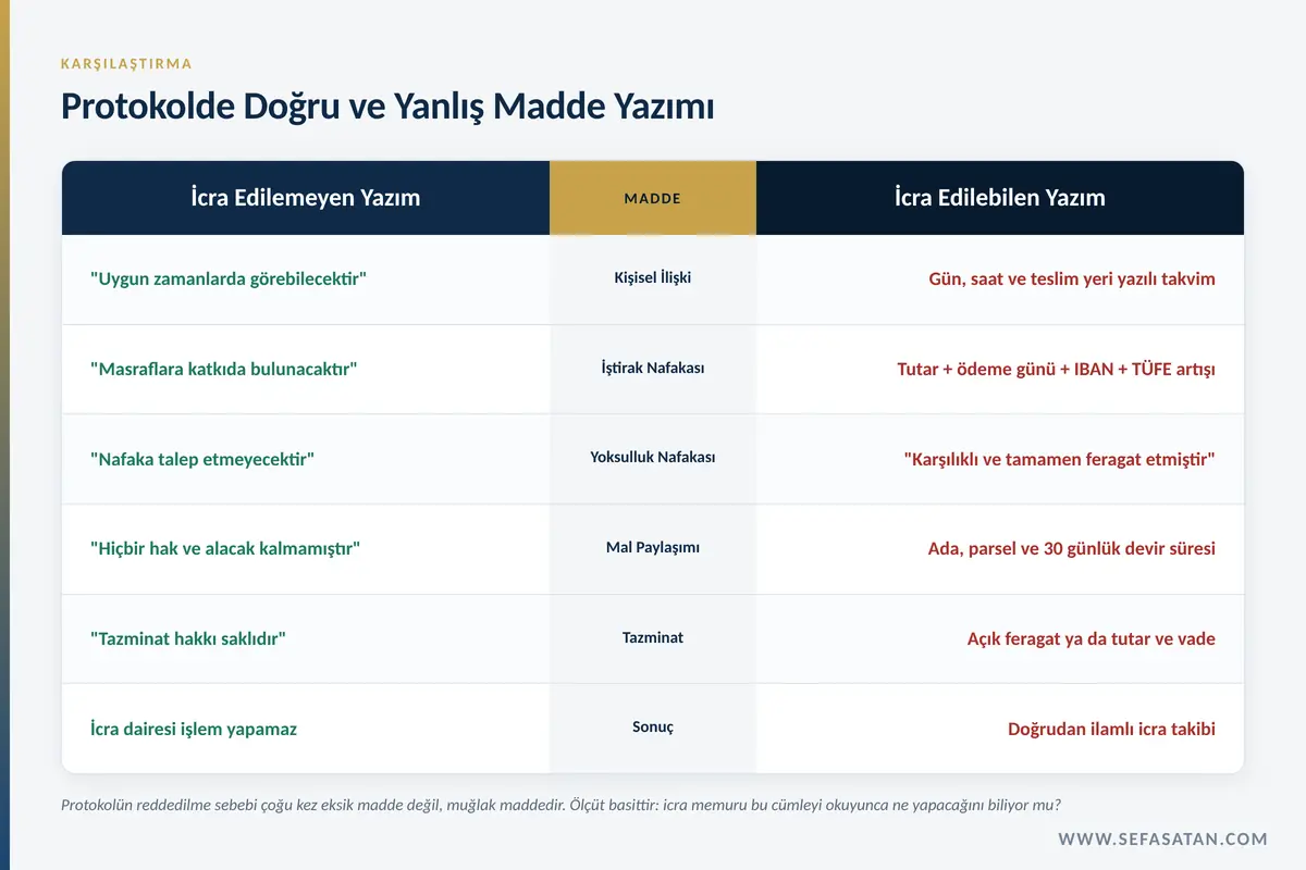 Anlaşmalı boşanma protokolünde icra edilemeyen ve icra edilebilen madde yazımının karşılaştırması
