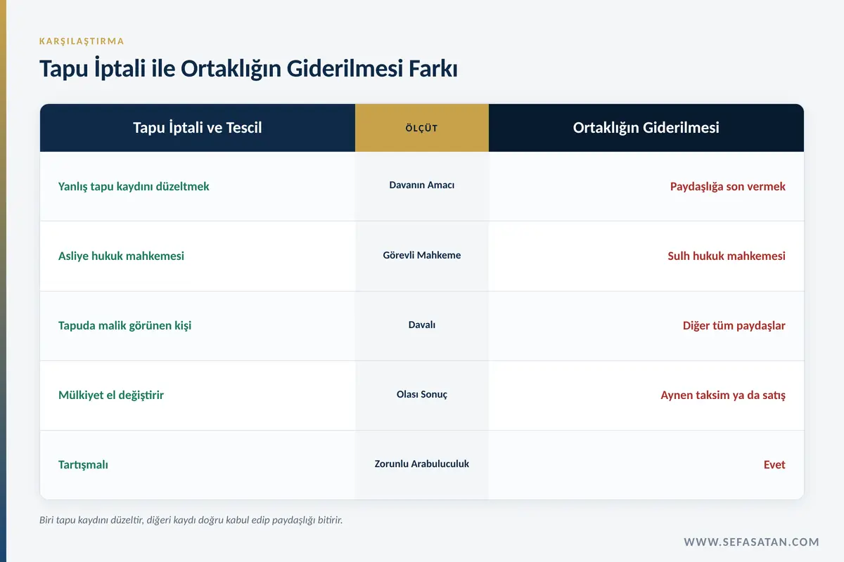 Yalova gayrimenkul hukuku davalarında tapu iptali ve tescil ile ortaklığın giderilmesi davasının karşılaştırması