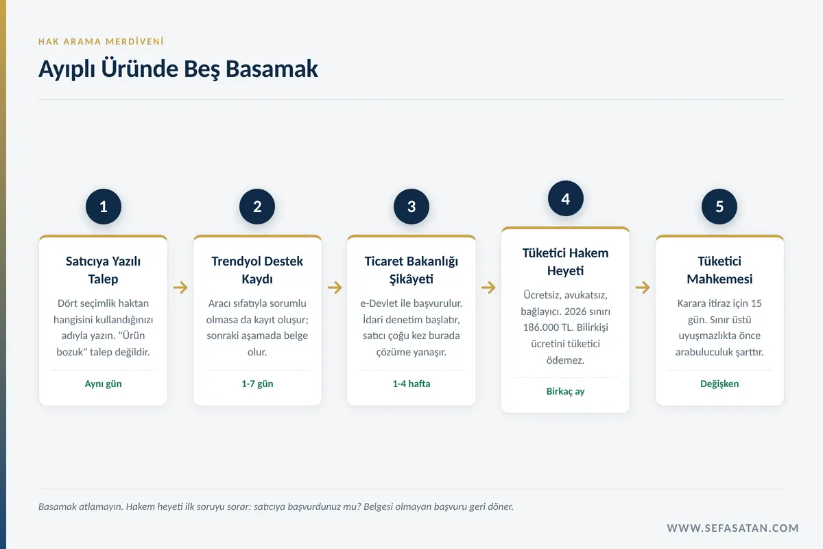 Trendyol ayıplı ürün şikâyetinde satıcıdan tüketici mahkemesine uzanan beş aşamalı hak arama süreci